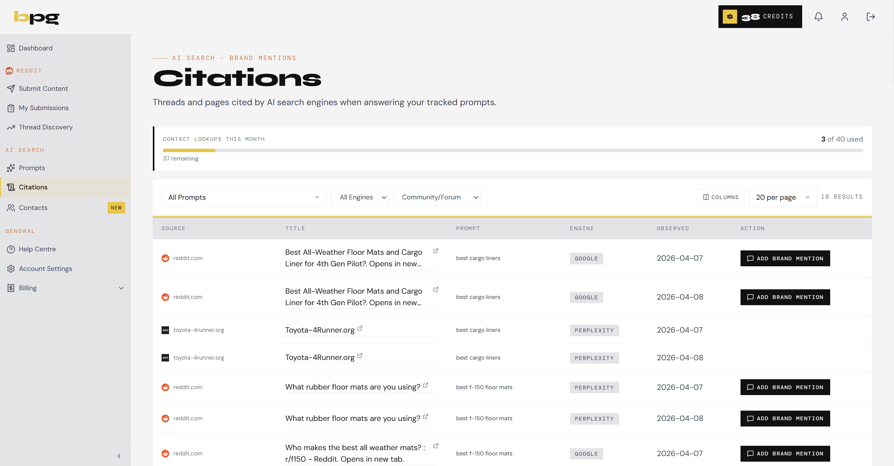 BPG Citations dashboard — AI search citation tracking