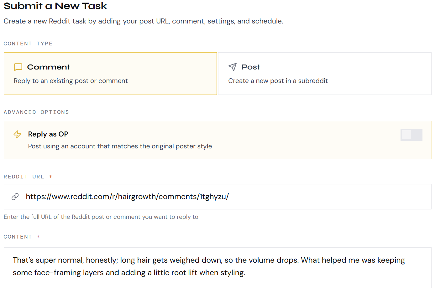 Submitting a Reddit task in the BPG app